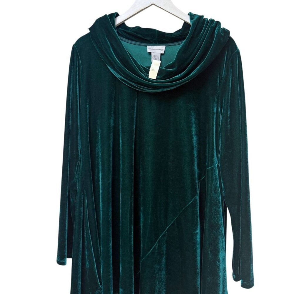 SOFT SURROUNDINGS Womens Tunic Top Medium Cowl Neck Green Stretch Velvet NEW - Picture 2 of 7